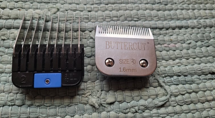 alt="blue number 2 clip comb and number 30 dog clipper blade"