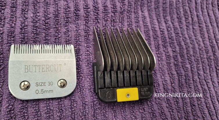 alt="yellow clip comb and a stainless steel pet grooming blade"
